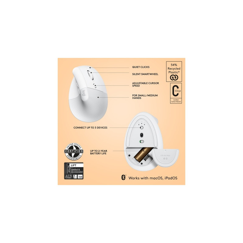Logitech Lift für Mac, Maus(weiß, Bluetooth, kompatibel mit macOS und iPadOS)