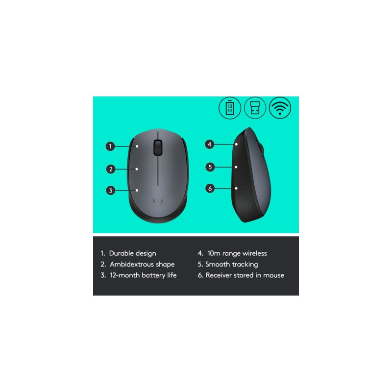 Logitech M170 Wireless, Maus(grau, für Links- und Rechtshänder, PC/Mac)