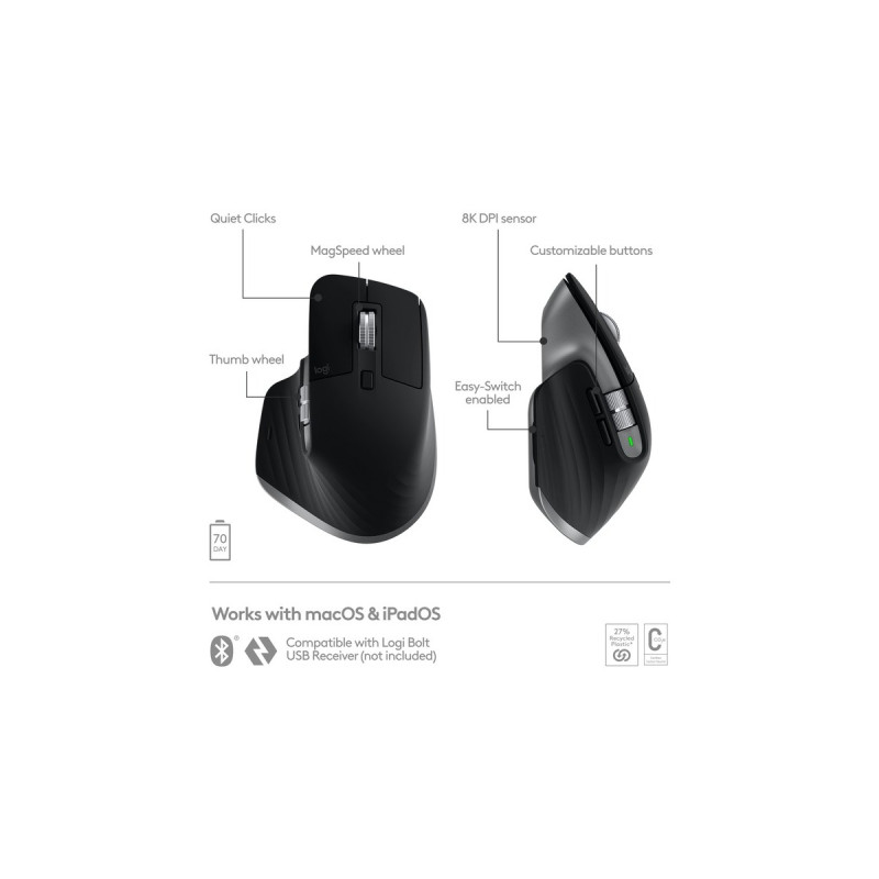 Logitech MX Master 3S für Mac, Maus(graphit, 7 Tasten, Bluetooth, optimiert für das Apple-Ökosystem)