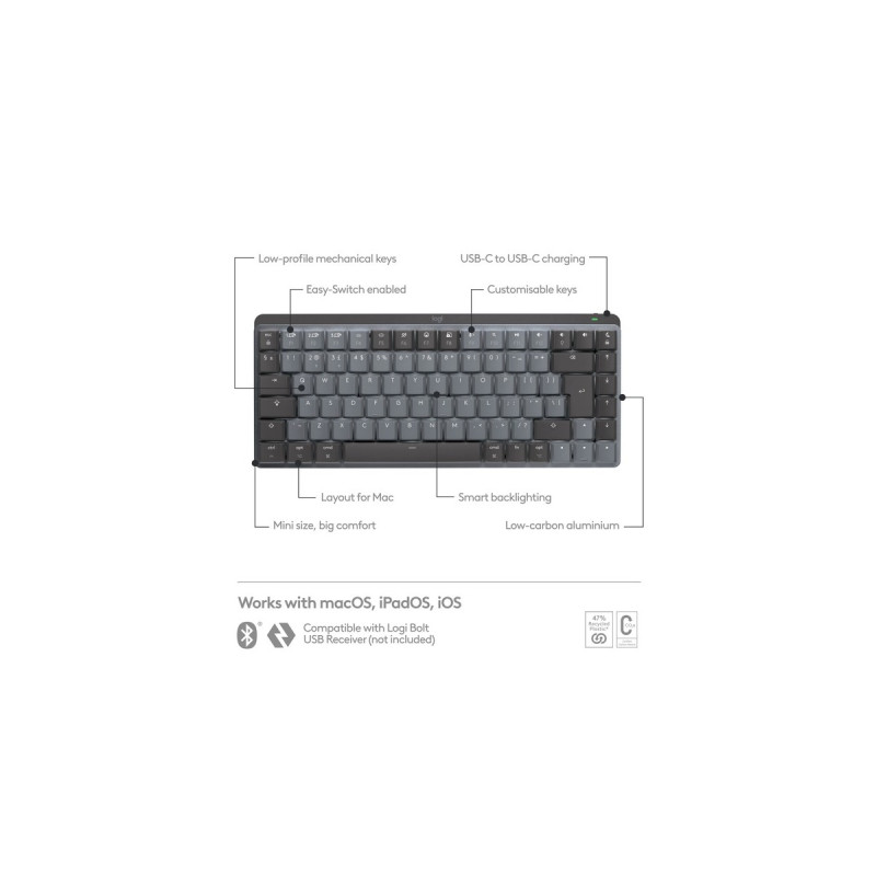 Logitech MX Mechanical Mini für Mac, Tastatur(dunkelgrau/hellgrau, DE-Layout, taktile Schalter, Bluetooth, kompatibel mit macOS, iPadOS und iOS)