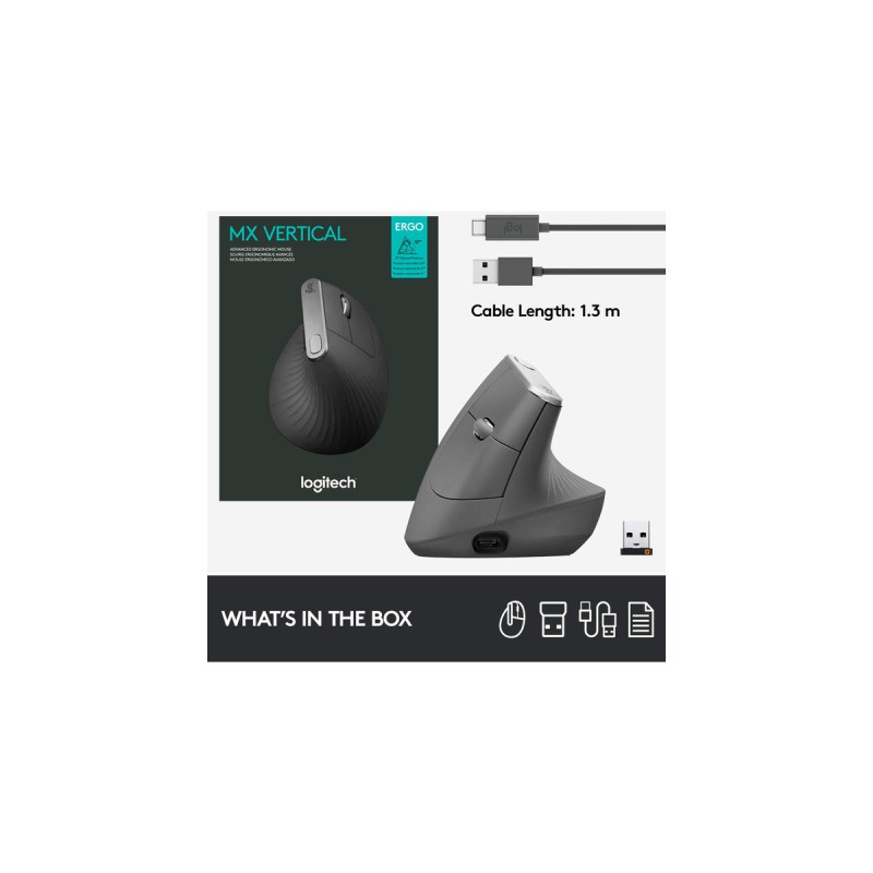 Logitech MX Vertical, Maus(schwarz/silber, 2,4-GHz-Unifying, Bluetooth, kompatibel mit PC/Mac/iPadOS)
