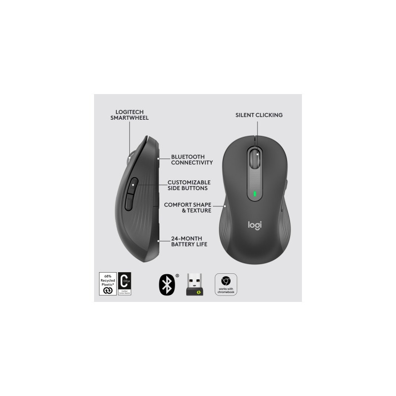 Logitech Signature M650 L Left Wireless, Maus(graphit, Größe L, Chromebook zertifiziert, für Linkshänder)