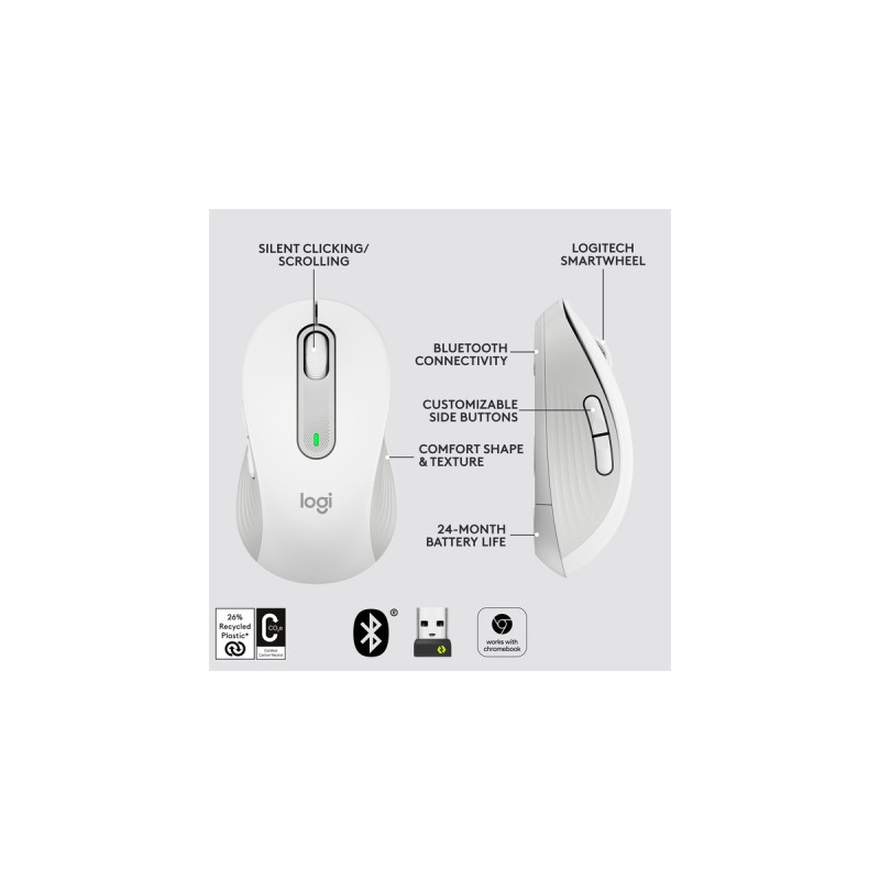 Logitech Signature M650 Wireless, Maus(weiß, Größe M, Chromebook zertifiziert)