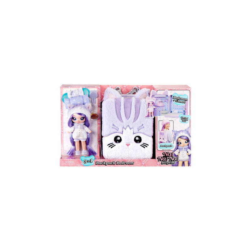MGA Entertainment Na! Na! Na! Surprise 3-in-1 Backpack Bedroom Serie 3 Playset - Lavender Kitten, Spielfigur