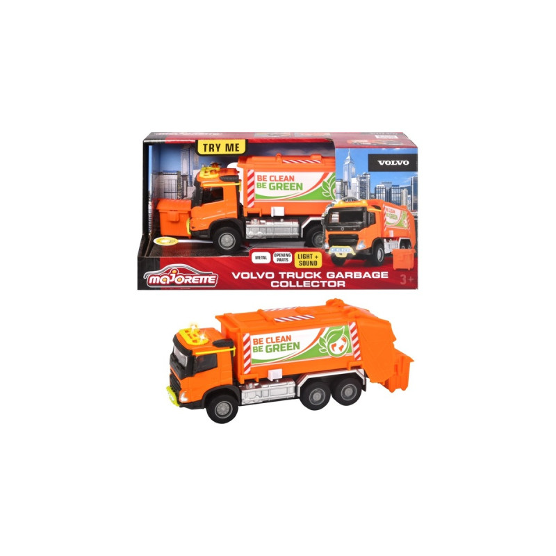 Majorette Volvo Müllauto mit Müllbehälter, Spielfahrzeug(orange, Mit Licht und Sound)
