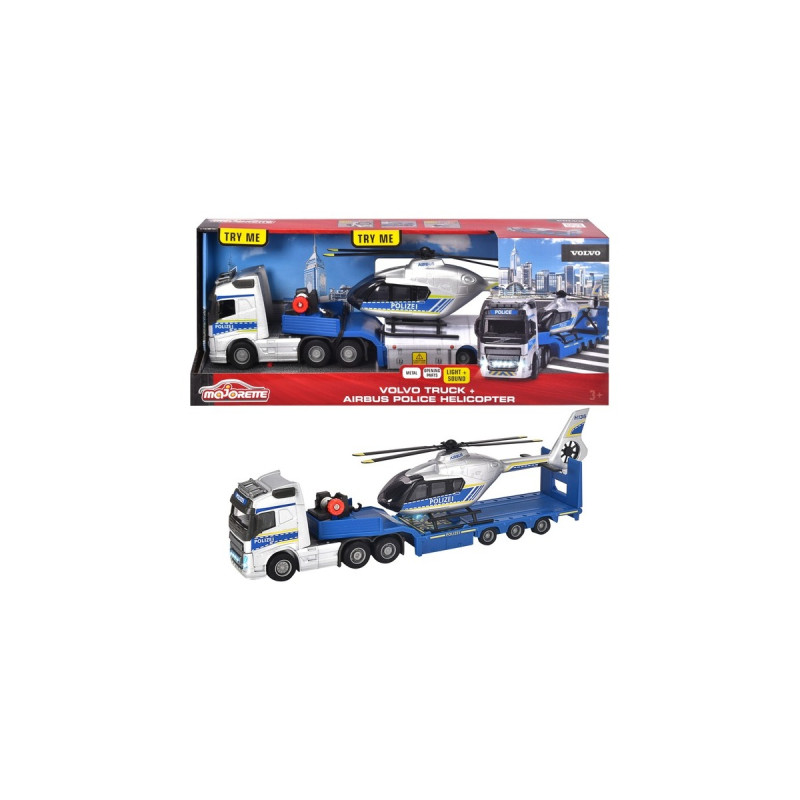 Majorette Volvo Polizei-Transporter FH-16 LKW mit Auflieger und Airbus Hubschrauber, Spielfahrzeug(blau/silber)