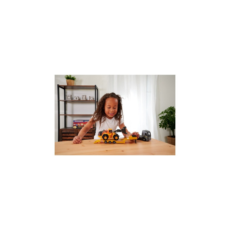 Majorette Volvo Truck FH-16 mit Auflieger und Radlader, Spielfahrzeug(orange/grau, Mit Licht und Sound)