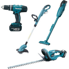 Makita Akku-Kombo-Kit DLX4093, Heckenschere, Rasentrimmer, Schlagbohrschrauber, Sauger(blau/schwarz, 2x Li-Ionen Akku 3,0Ah 18Volt)