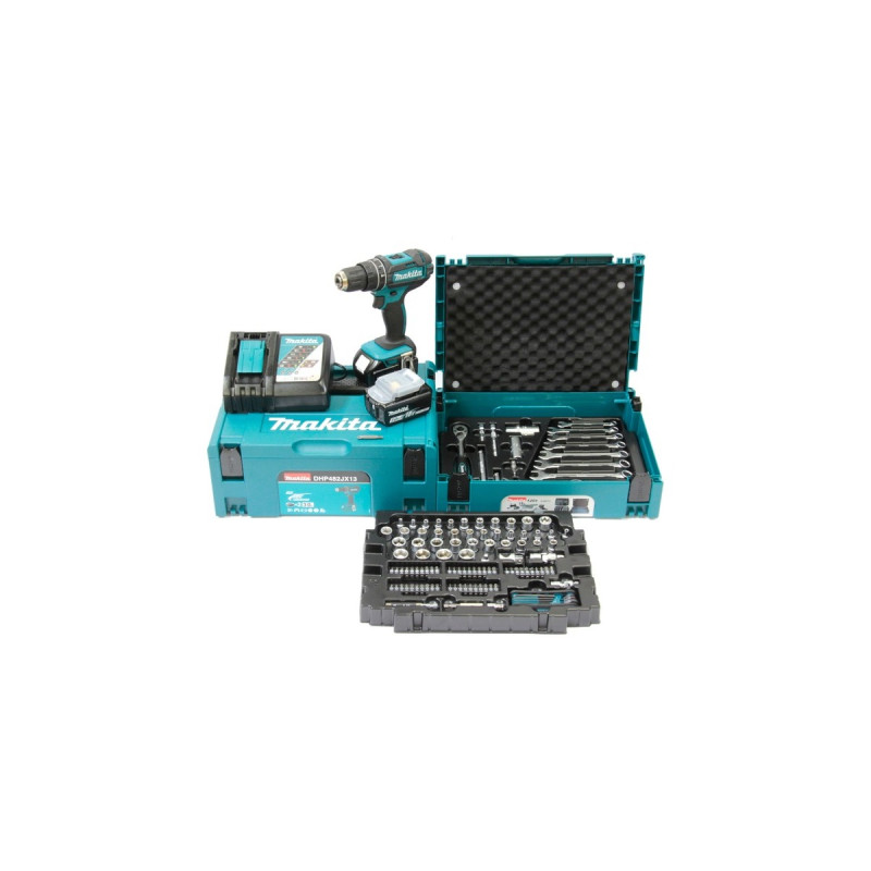 Makita Akku-Schlagbohrschrauber DHP482JX13, 18Volt(blau/schwarz, 2x Li-Ion Akku 3,0Ah, MAKPAC, 120-tlg. Werkzeug-Set)
