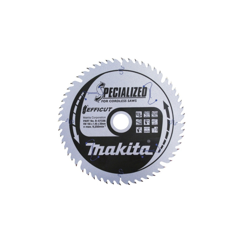Makita Kreissägeblatt EFFICUT B-57336, Ø 165mm, 56Z(Bohrung 20mm, für Akku-Sägen)