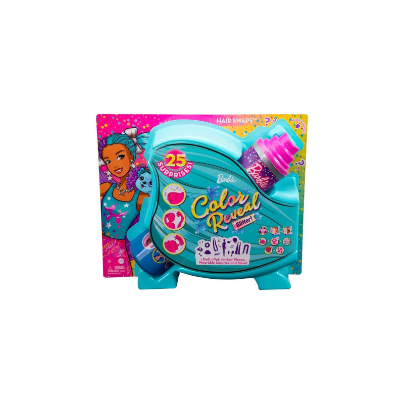 Mattel Barbie Color Reveal Glitzer! Haarwechsel Puppe Glitzerviolett mit 25 Überraschungen