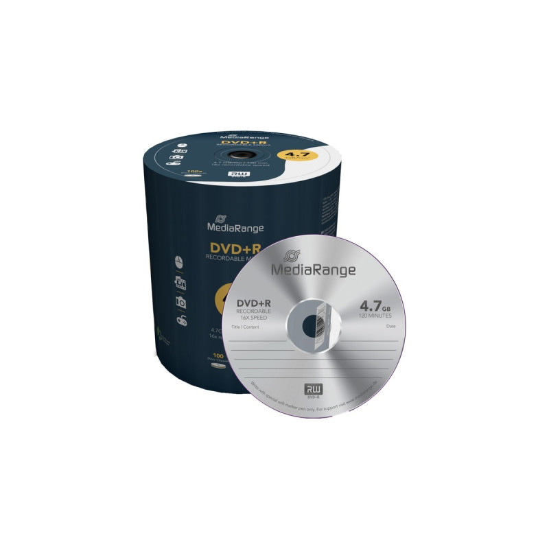 MediaRange DVD+R 4,7 GB, DVD-Rohlinge(16fach, 100 Stück)