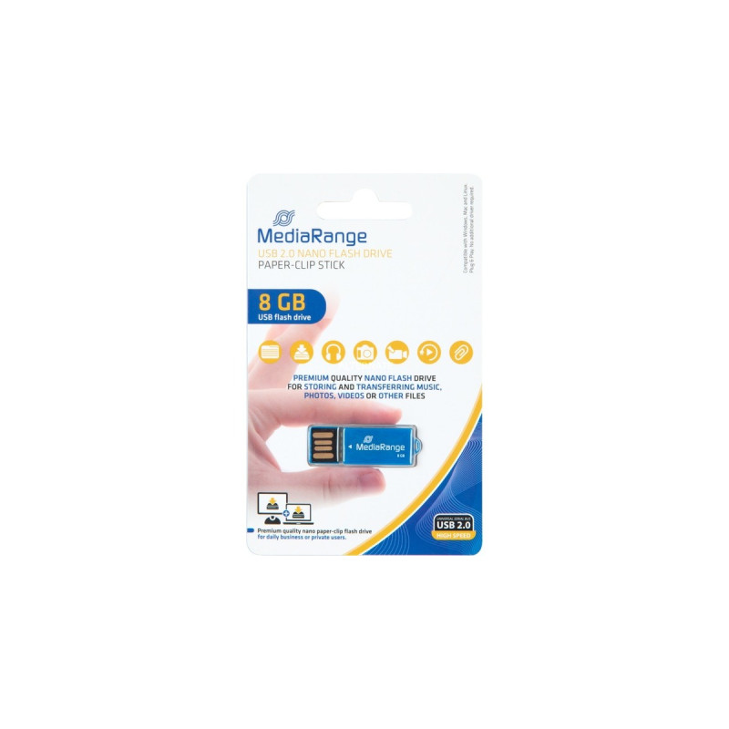 MediaRange USB Nano 8 GB, USB-Stick(blau, USB-A 2.0, mit Büroklammer-Funktion)