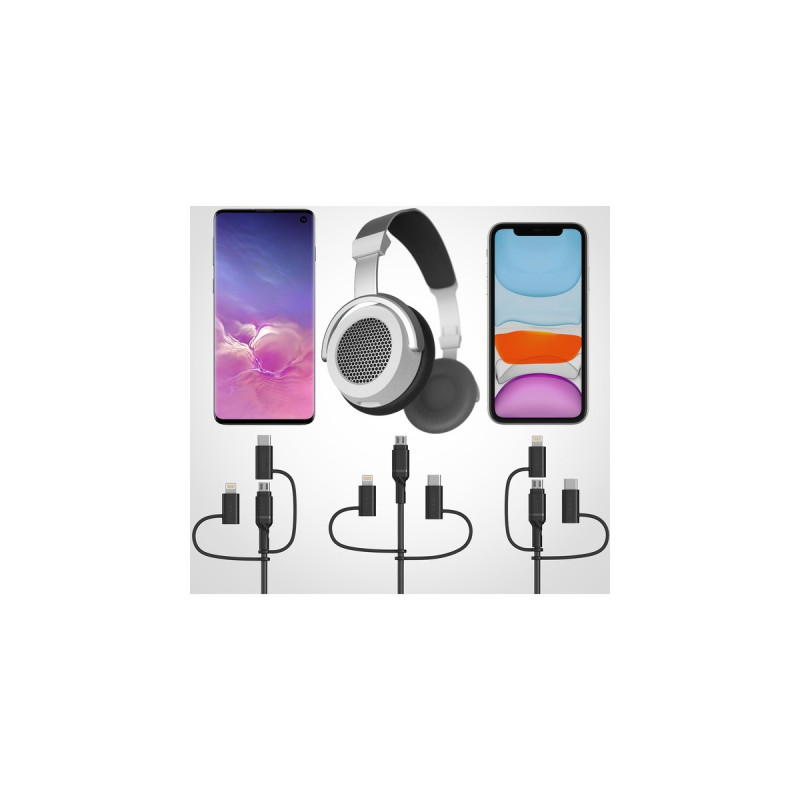 Micro-USB + USB-C + Lightning Stecker(schwarz, 1 Meter)