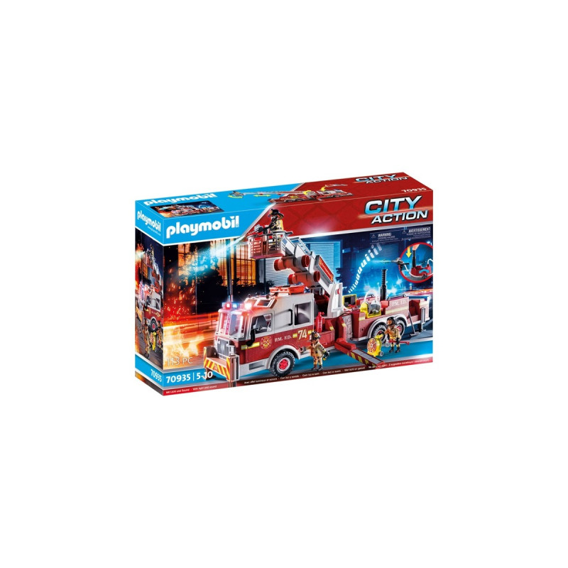 PLAYMOBIL 70935 City Action Feuerwehr-Fahrzeug: US Tower Ladder, Konstruktionsspielzeug(mehrfarbig, Mit Licht, Sound und funktionierender Wasserkanone)