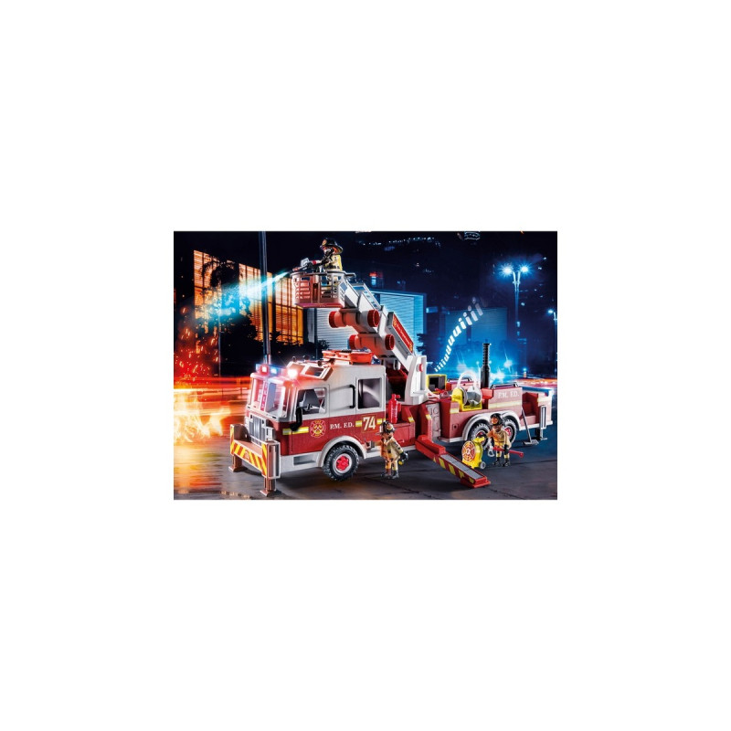 PLAYMOBIL 70935 City Action Feuerwehr-Fahrzeug: US Tower Ladder, Konstruktionsspielzeug(mehrfarbig, Mit Licht, Sound und funktionierender Wasserkanone)