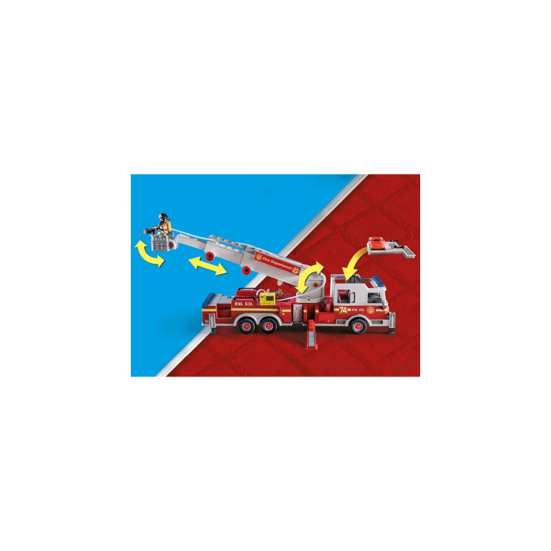 PLAYMOBIL 70935 City Action Feuerwehr-Fahrzeug: US Tower Ladder, Konstruktionsspielzeug(mehrfarbig, Mit Licht, Sound und funktionierender Wasserkanone)