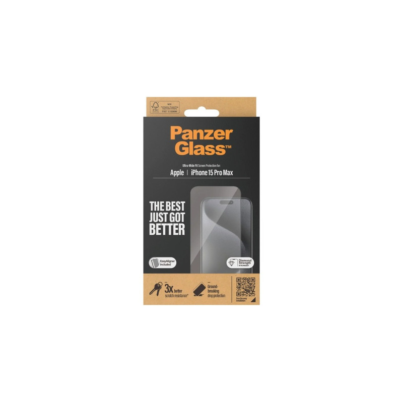 PanzerGlass Displayschutz, Schutzfolie(transparent/schwarz, iPhone 15 Pro Max, EasyAligner)