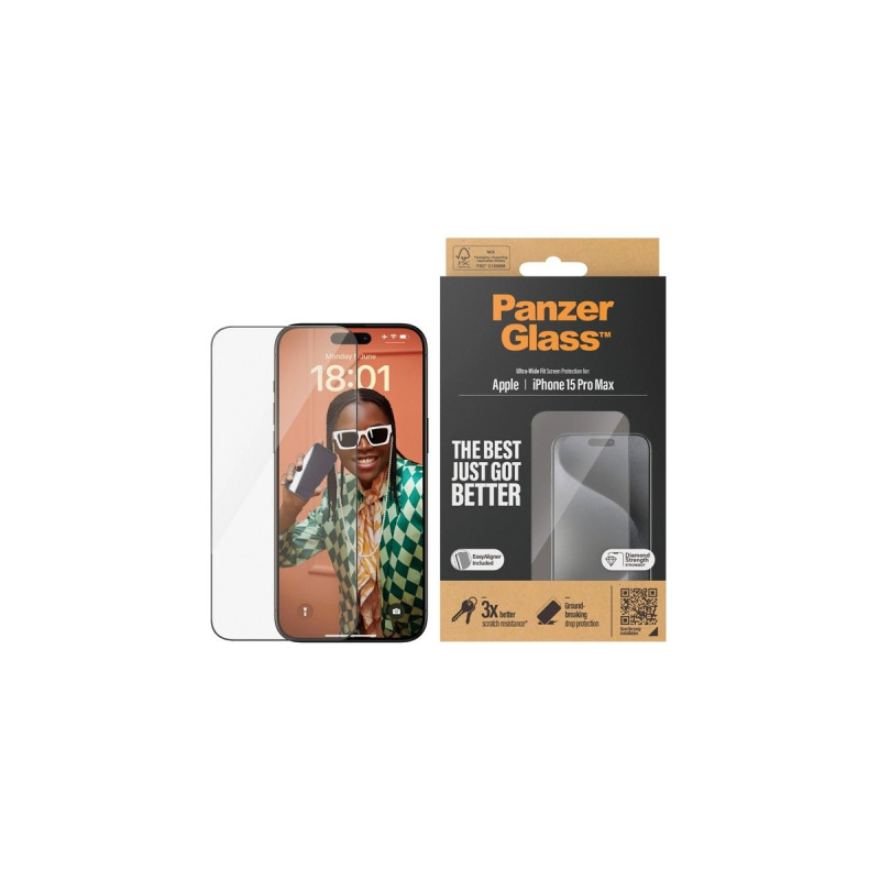 PanzerGlass Displayschutz, Schutzfolie(transparent/schwarz, iPhone 15 Pro Max, EasyAligner)