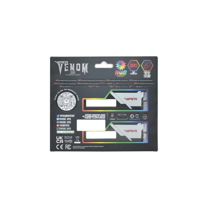 Patriot DIMM 32 GB DDR5-6200 (2x 16 GB) Dual-Kit, Arbeitsspeicher(schwarz/weiß, PVVR532G620C40K, Viper Venom RGB, INTEL XMP)