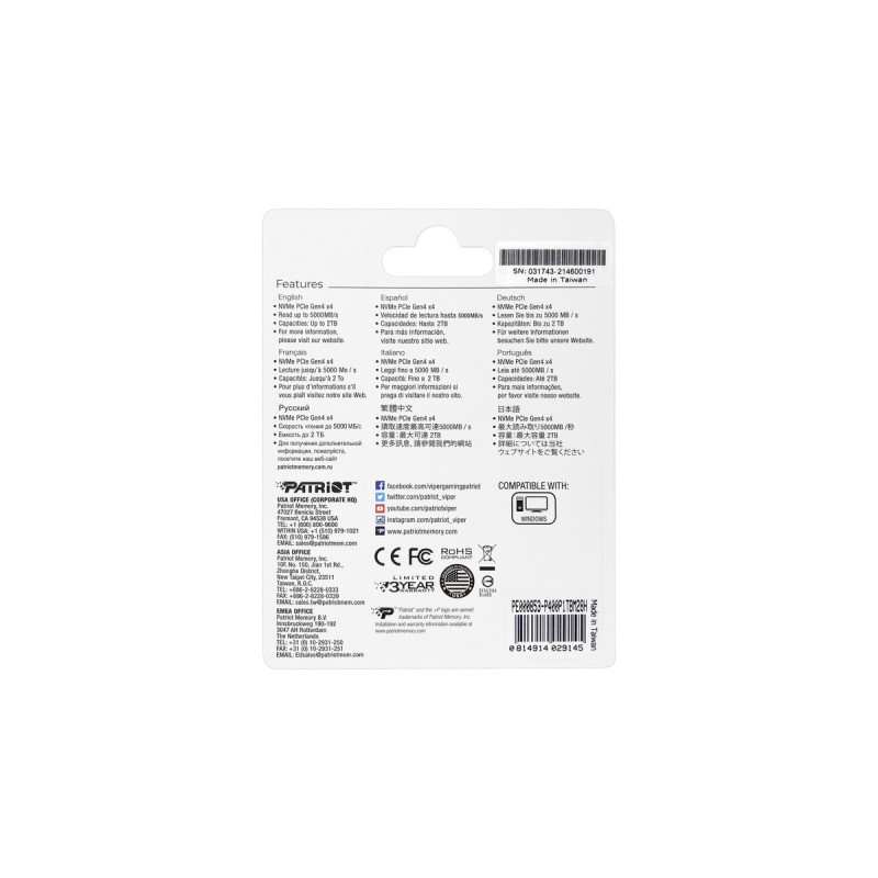 Patriot P400 1 TB, SSD(schwarz/weiß, PCIe 4.0 x4, NVMe 1.3, M.2 2280)