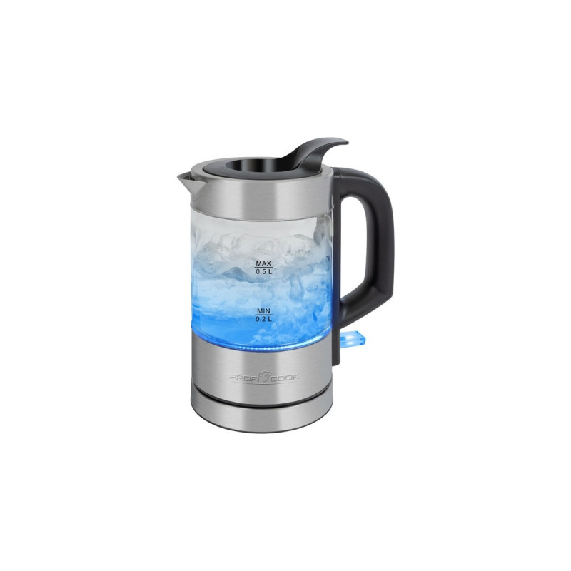 ProfiCook Glas-Wasserkochher PC-WKS 1228 G, Wasserkocher(edelstahl/schwarz, 0,5 Liter)