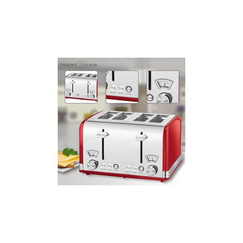 ProfiCook Toaster Vintage PC-TA 1194(rot/chrom, 1.630 Watt, für 4 Scheiben Toast)