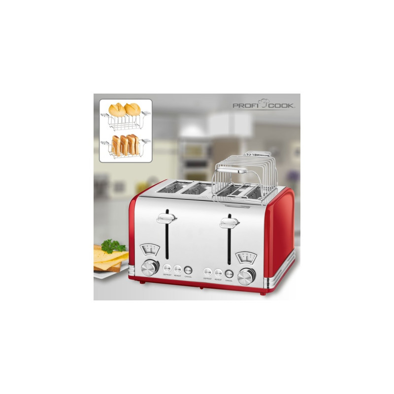 ProfiCook Toaster Vintage PC-TA 1194(rot/chrom, 1.630 Watt, für 4 Scheiben Toast)