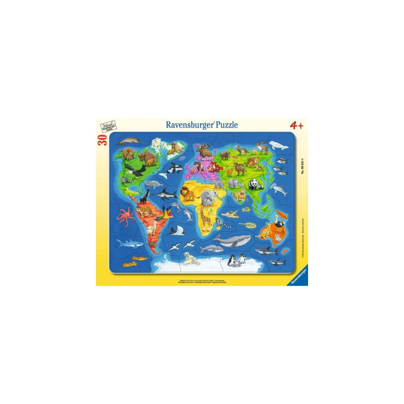 Ravensburger Kinderpuzzle Weltkarte mit Tieren(30 Teile, Rahmenpuzzle)