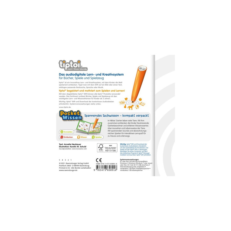 Ravensburger tiptoi Pocket Wissen: Tiere im Garten, Lernbuch