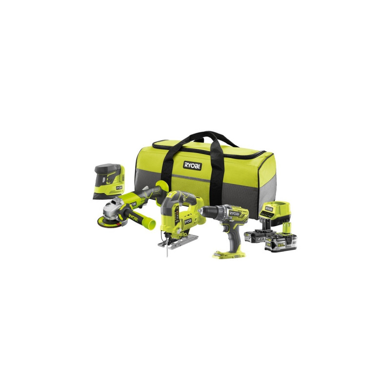 Ryobi ONE+ Akku Combo-Set R18CK4B-252S, 18Volt, Werkzeug-Set(grün/schwarz, Li-Ionen Akku 2,0Ah + 5,0Ah, Bohrschrauber + Stichsäge + Winkelschleifer + Polierer, Tasche)