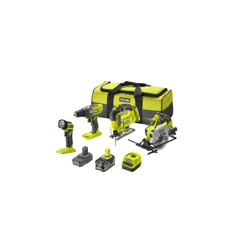 Ryobi ONE+ Akku Kombo-Kit RCK184A-252S, Werkzeug-Set(grün/schwarz, 2x Li-Ionen Akku (2,0Ah + 5Ah), Bohrschrauber, 2 Sägen, LED-Leuchte, Werkzeugtasche)