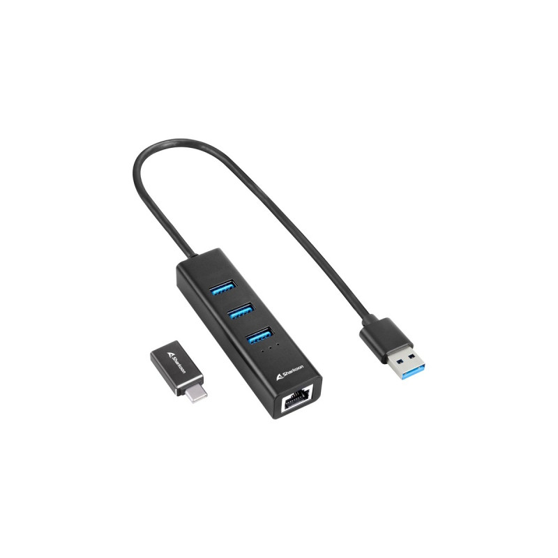 Sharkoon 3-Port USB 3.2 Gen 1 Alu Hub + Ethernet, Dockingstation(schwarz)