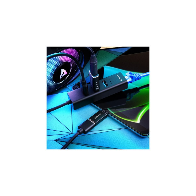 Sharkoon 3-Port USB 3.2 Gen 1 Alu Hub + Ethernet, Dockingstation(schwarz)