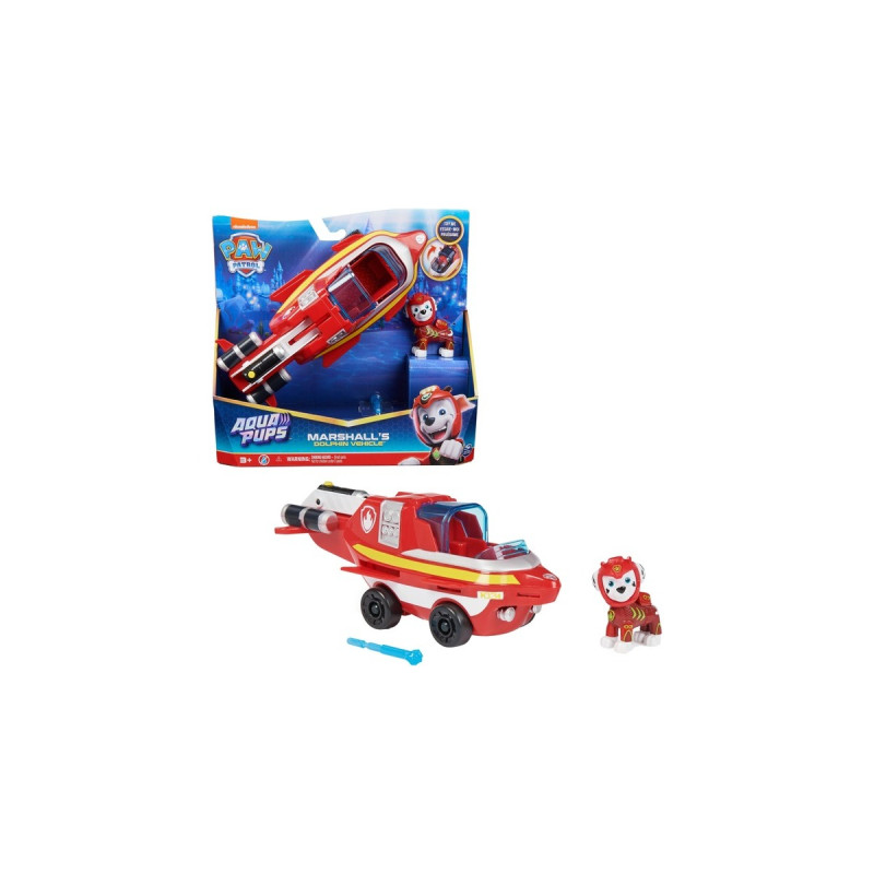 Spin Master Paw Patrol Aqua Pups - Basis Fahrzeug im Delfin-Design mit Marshall-Welpenfigur, Spielfahrzeug