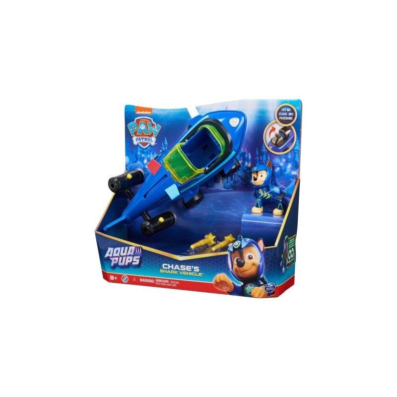 Spin Master Paw Patrol Aqua Pups - Basis Fahrzeug im Hai-Design mit Chase-Welpenfigur, Spielfahrzeug