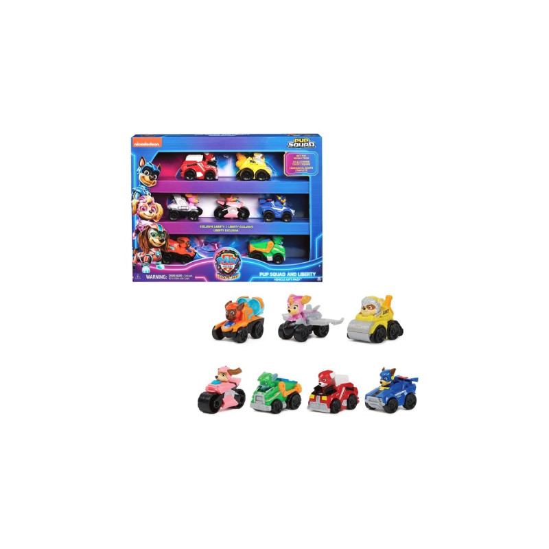 Spin Master Paw Patrol: Der Mighty Kinofilm, 7-teiliges Pup Squad Racers-Geschenkset, Spielfahrzeug(mit Liberty-Spielzeugauto)