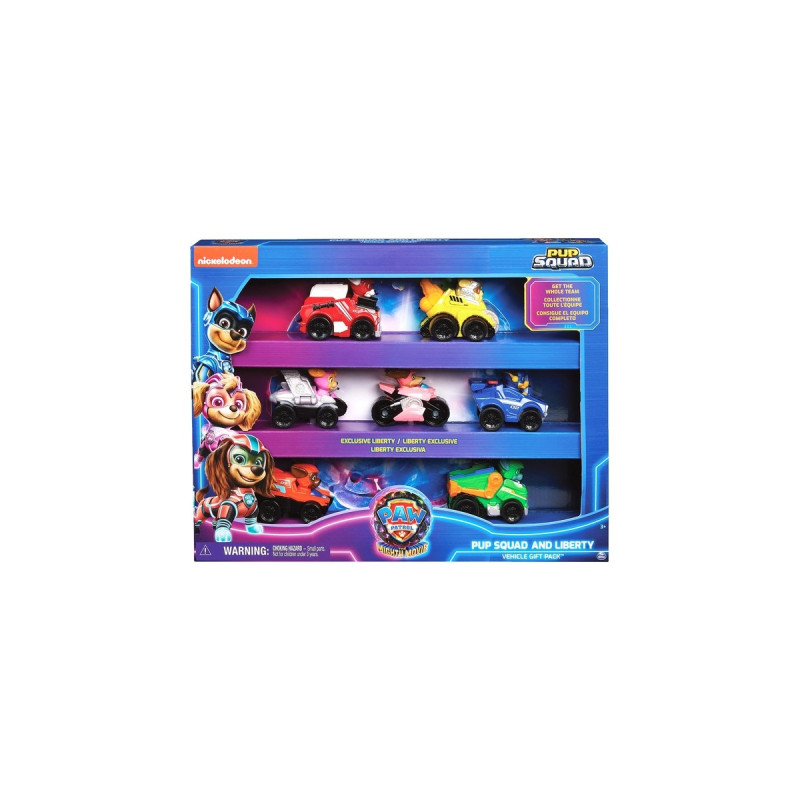 Spin Master Paw Patrol: Der Mighty Kinofilm, 7-teiliges Pup Squad Racers-Geschenkset, Spielfahrzeug(mit Liberty-Spielzeugauto)