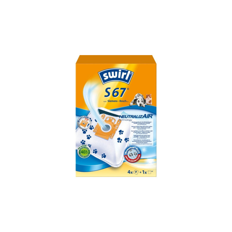 Swirl Staubsaugerbeutel S67 NeutralizAir(4 Beutel, 1 Abluftfilter, für Siemens, Bosch)