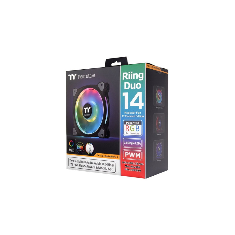 Thermaltake Riing Duo 14 RGB Radiator Fan 3 Pack, Gehäuselüfter(schwarz, 3er Set, 1x Controller)