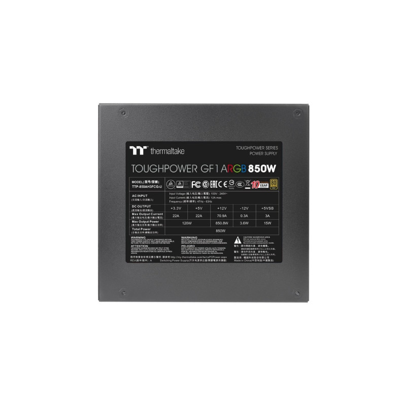 Thermaltake Toughpower GF1 ARGB 850W, PC-Netzteil(schwarz, 6x PCIe, Kabel-Management, 850 Watt, Outlet)