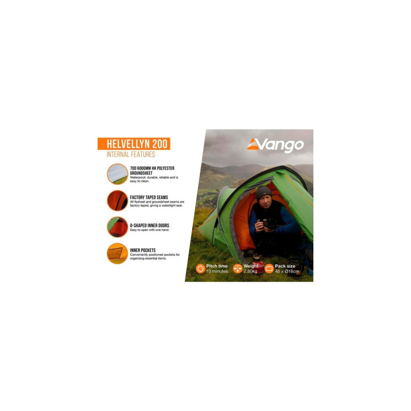 Vango Kuppelzelt Helvellyn 200(grün/orange, mit Vorbau für Gepäck, Modell 2024)