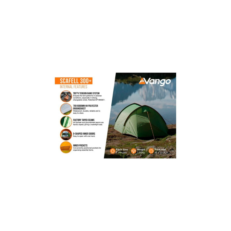 Vango Tunnelzelt Scafell 300 Plus(grün/orange, mit großem Vorraum für Gepäck, Modell 2024)