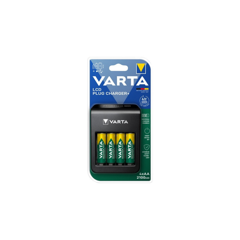 Varta LCD Plug Charger+, Ladegerät(schwarz, Lädt AA, AAA, 9V und ein USB-Gerät)