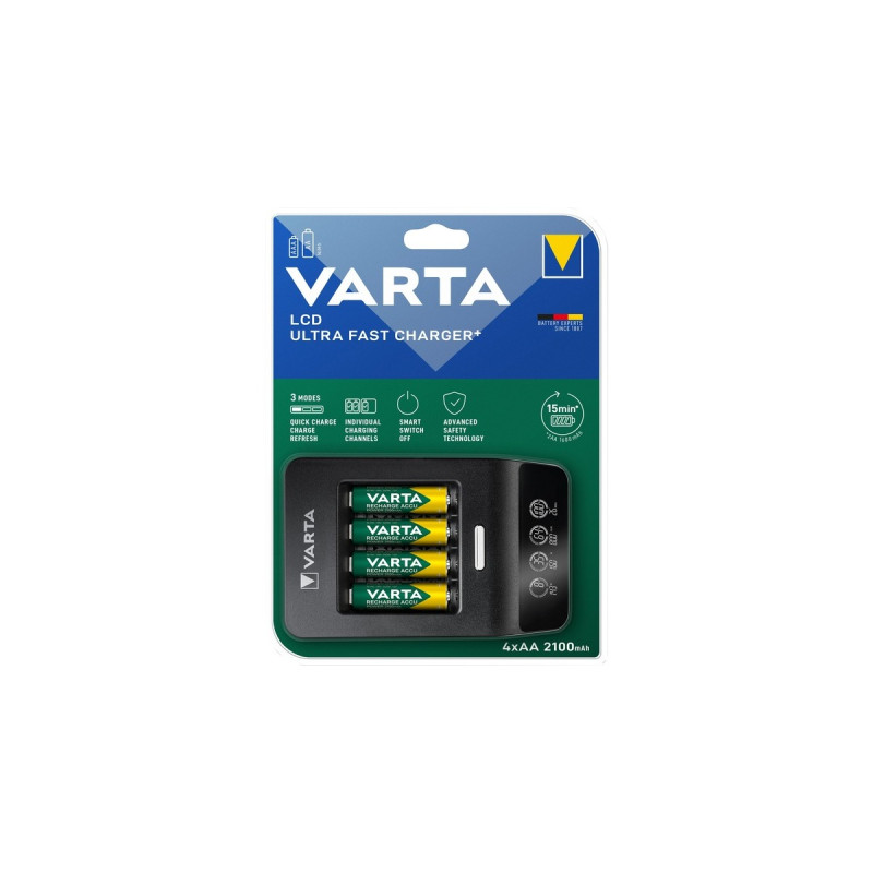 Varta LCD Ultra Fast Charger+, Ladegerät(inkl. 4x Mignon, AA, 2100 mAh)