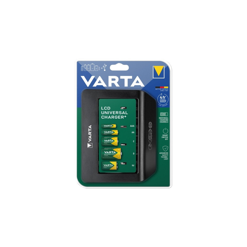 Varta LCD Universal Charger+, Ladegerät(schwarz, Lädt bis zu 4 AA, AAA, C, D oder 1x 9V)