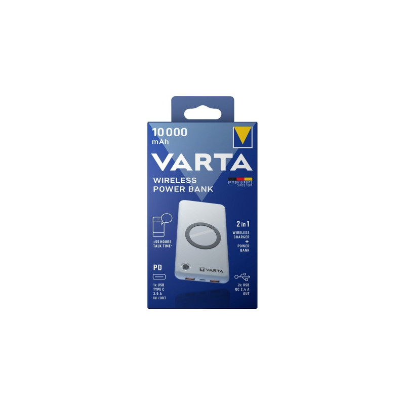 Varta Wireless Powerbank 10.000(weiß, 10.000 mAh, Qi, Power Delivery, Quick Charge 3.0)