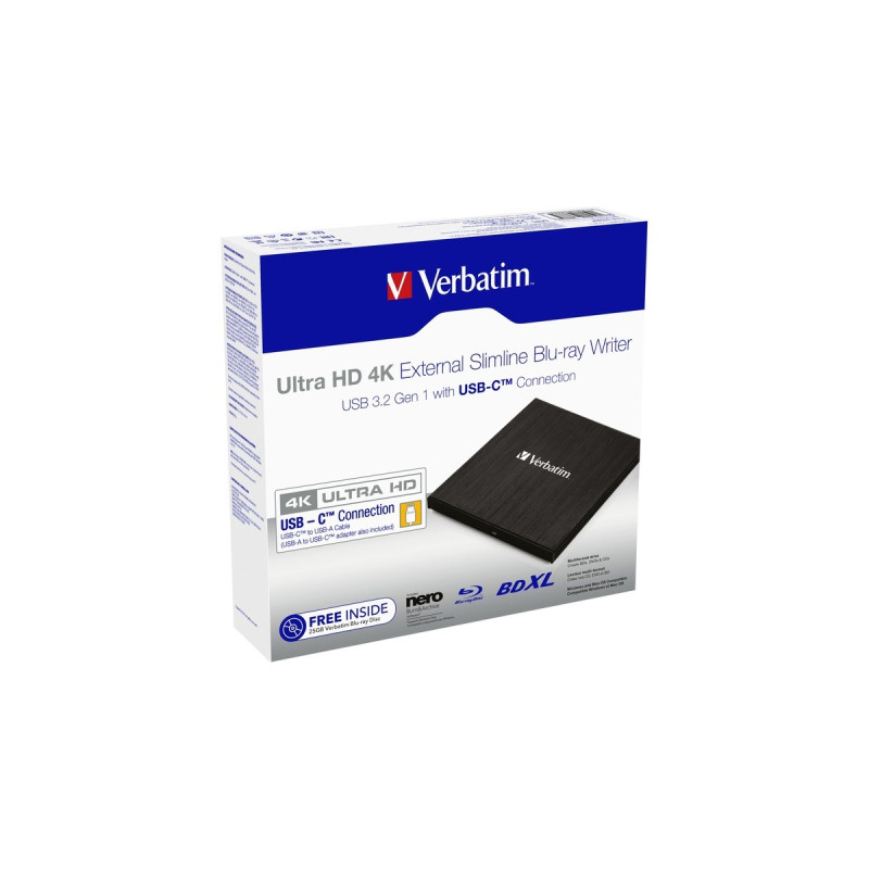 Verbatim External Slimline-Blu-ray-Writer, externer Blu-ray-Brenner(schwarz, USB 3.1 Gen 1 (Typ-C))