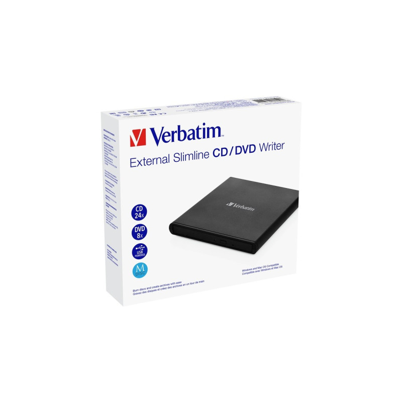 Verbatim Externer Slimline CD-DVD-Brenner, externer DVD-Brenner(schwarz, USB-A 2.0)