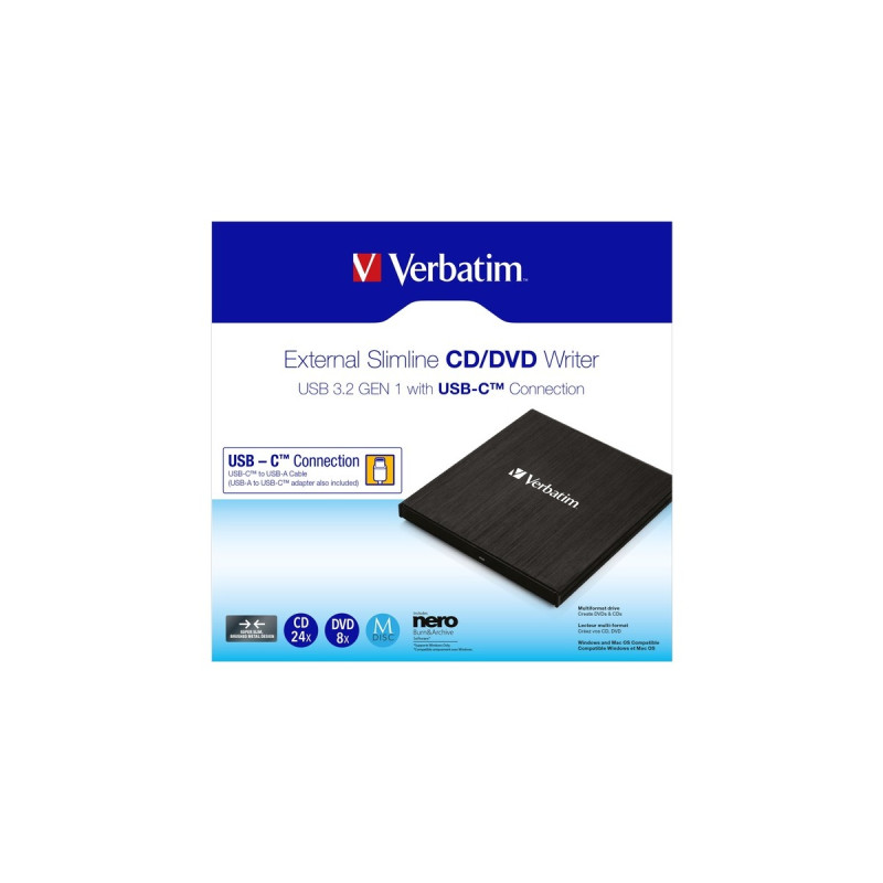 Verbatim Externer Slimline CD-DVD-Brenner, externer DVD-Brenner(USB-C 3.2 Gen 1 (5 Gbit/s))